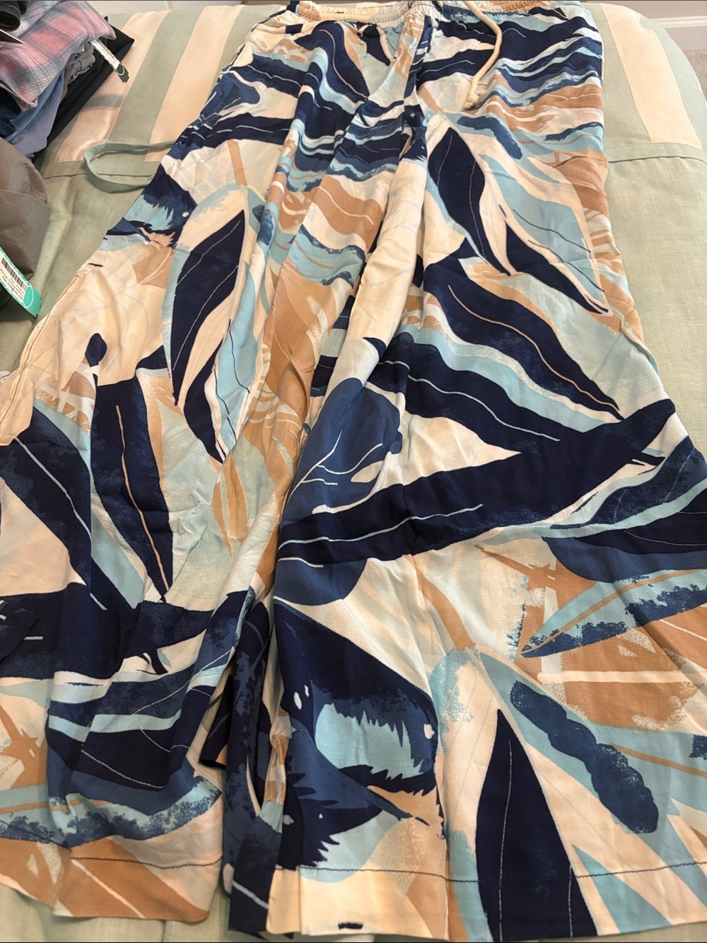 Peace love world Flowy Women's pants in Navy, Light Blue & Tan 29”x27”